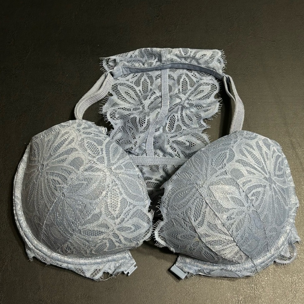 Victoria's Secret PINK Push Up 32DD Front Close Lace Razor Back Pastel Blue